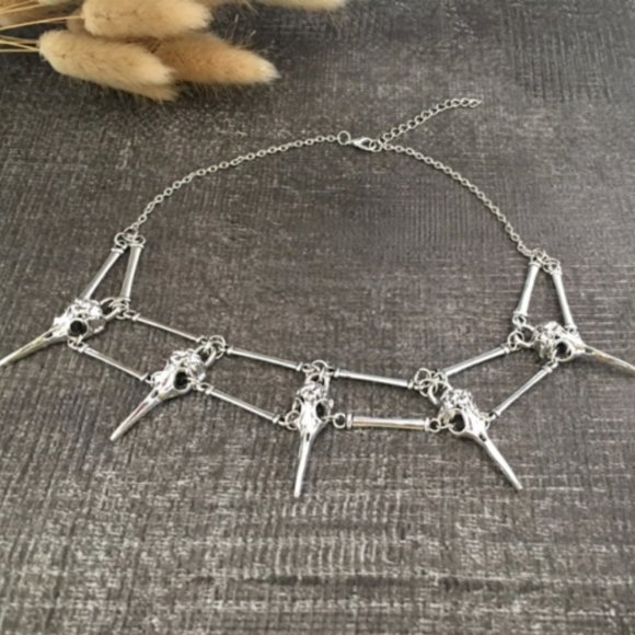 NEW Silver Raven Bird Head Skull Spike Choker Necklace Costume - Picture 5 of 6